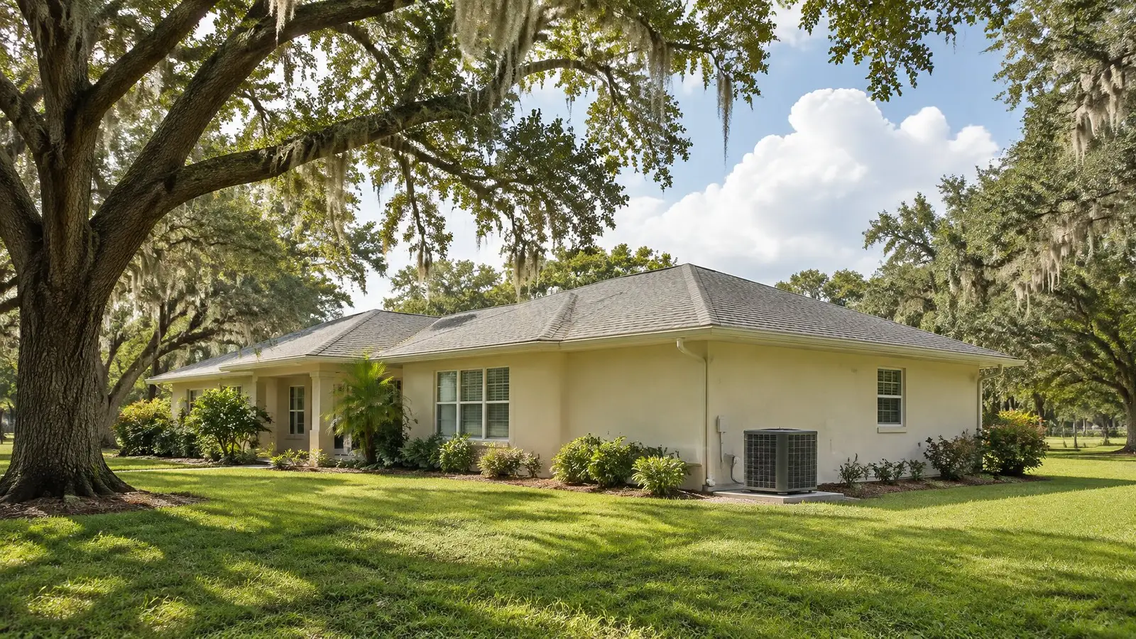 Single-storey cream stucco home under live oaks hung with Spanish moss with an outdoor AC unit at the side