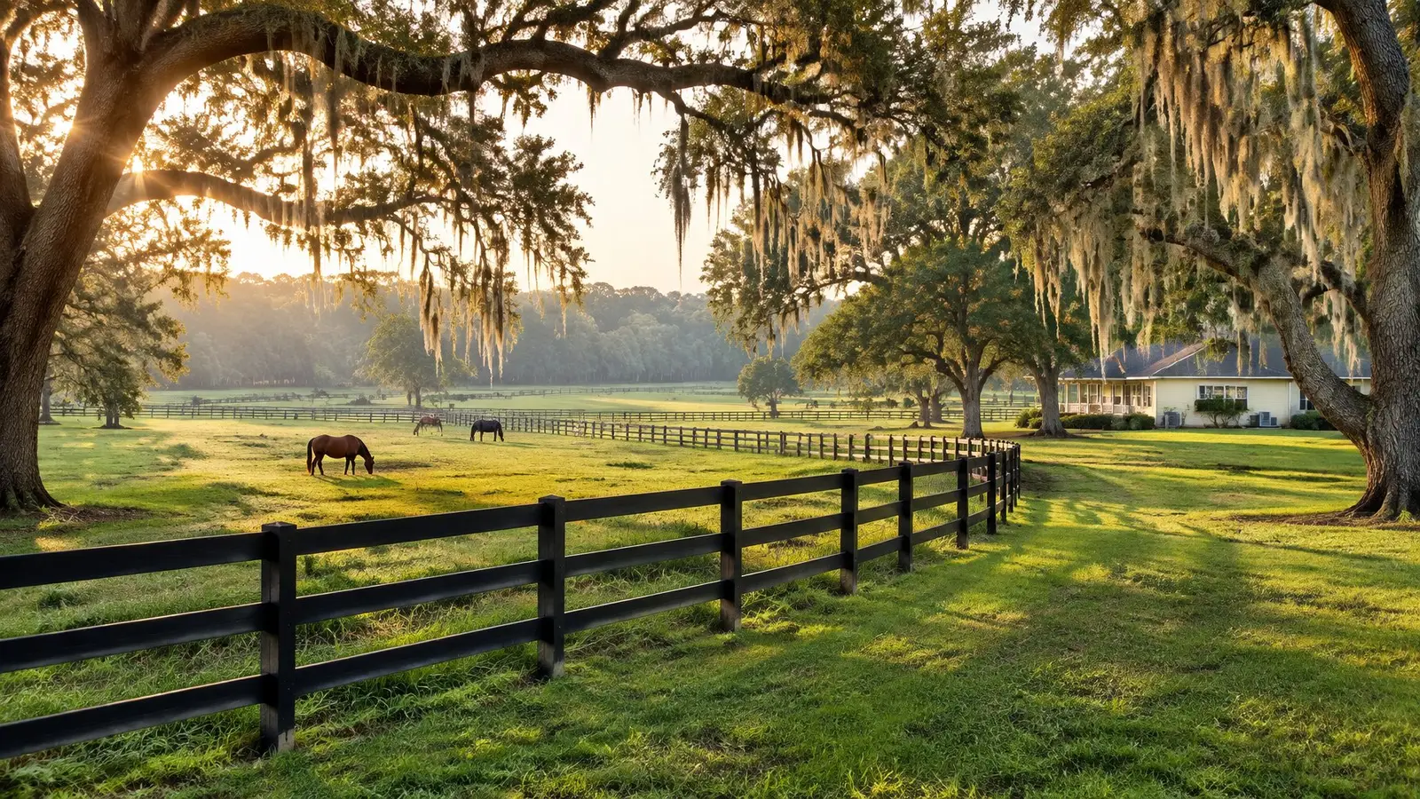 Horse pasture with black board fencing and live oaks hung with Spanish moss in late-afternoon light